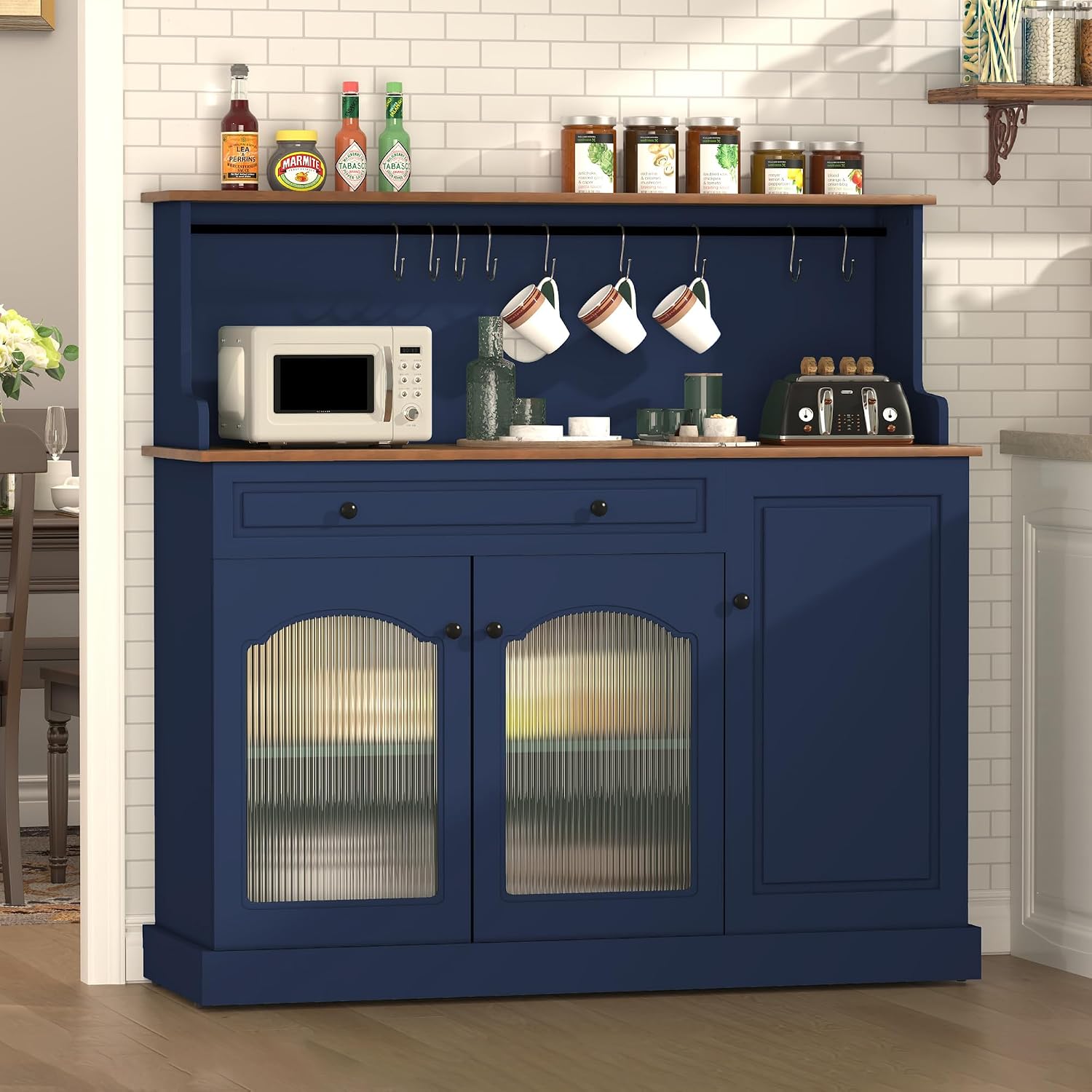 ARTPOWER 48" Farmhosue Coffee Bar Cabinet with Hutch, Wine Cabinet，Blue | Modern Buffet Cabinet with Drawer Storage & Shelves, Wine Bar Table with 3 Glass Doors for Living Room, Metal Hooks & handles