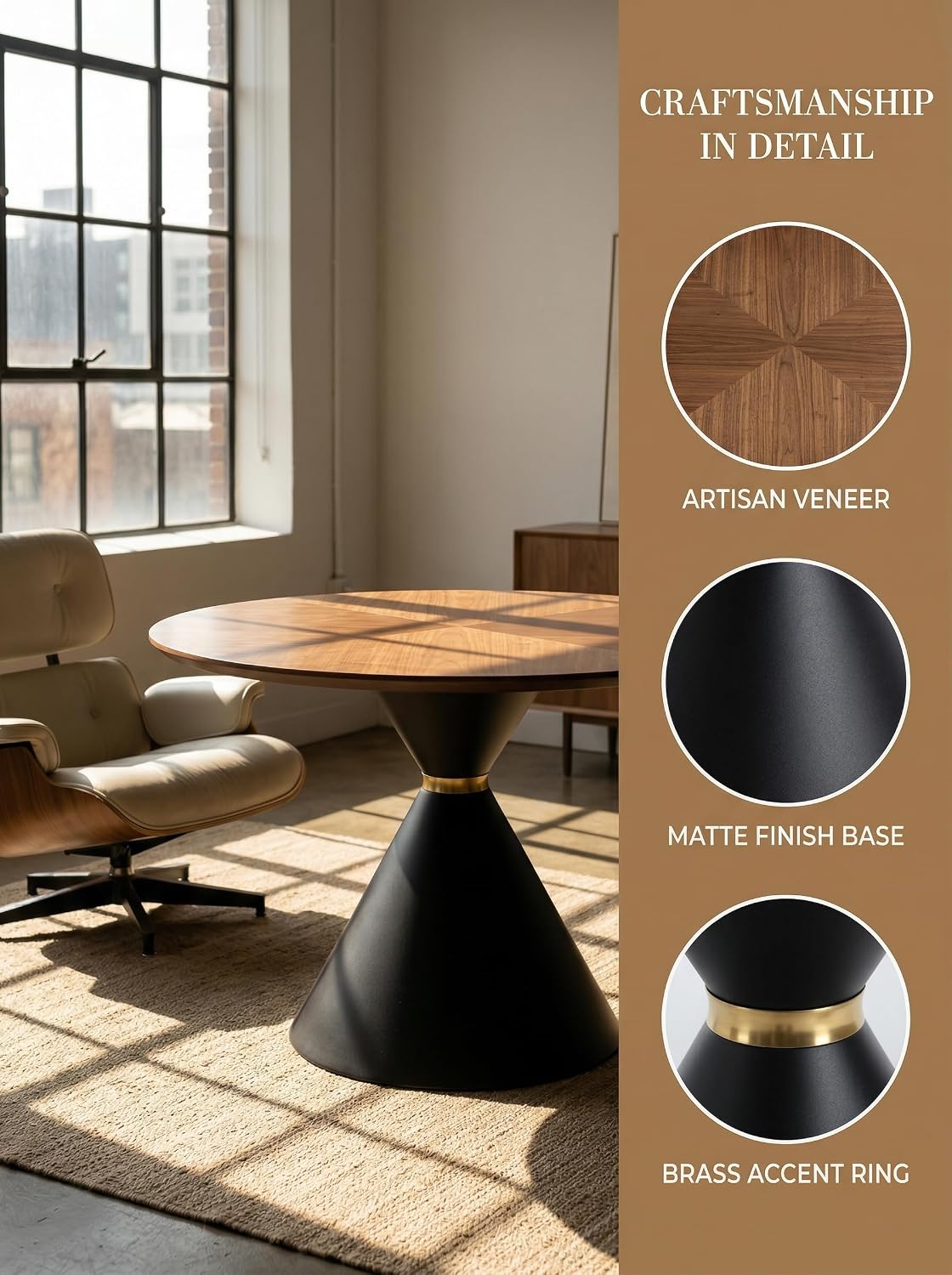 HNY Round Dining Table, 37.5" Modern Coffee Table with Walnut Inlay Tabletop & Matte Black Hourglass Base, Small Accent Table Compact Tables for Living Room, Bedroom, Balcony, Small Space