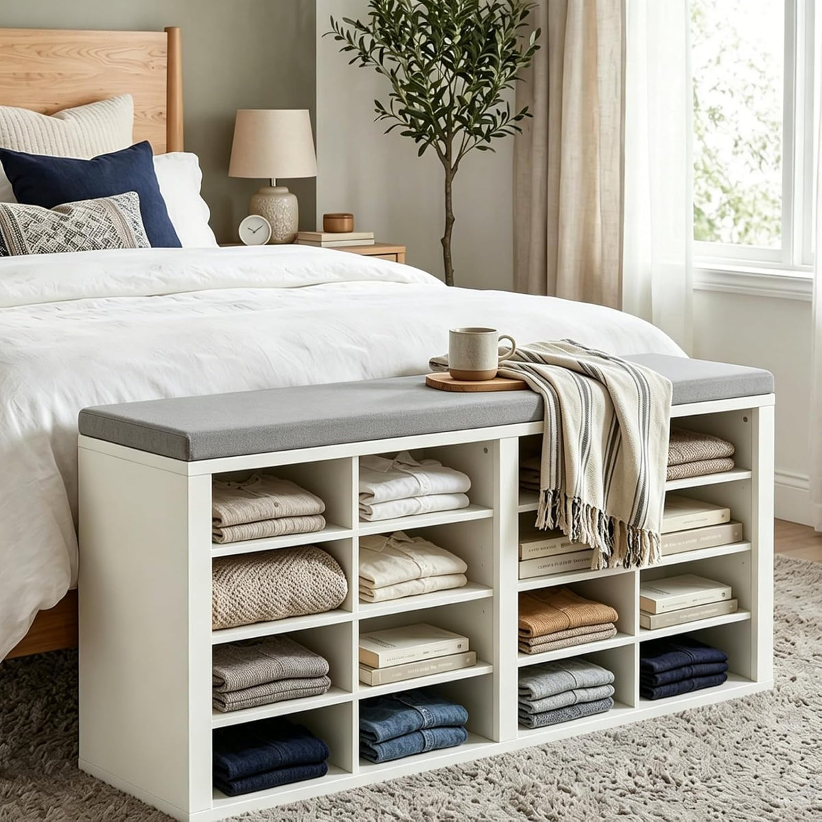 Shoe Rack Bench, Shoe Storage Bench with Cushion, Shoe Organizer 16 Cubbies for Entryway Hallway Bedroom Living Room, Holds Up to 400lbs