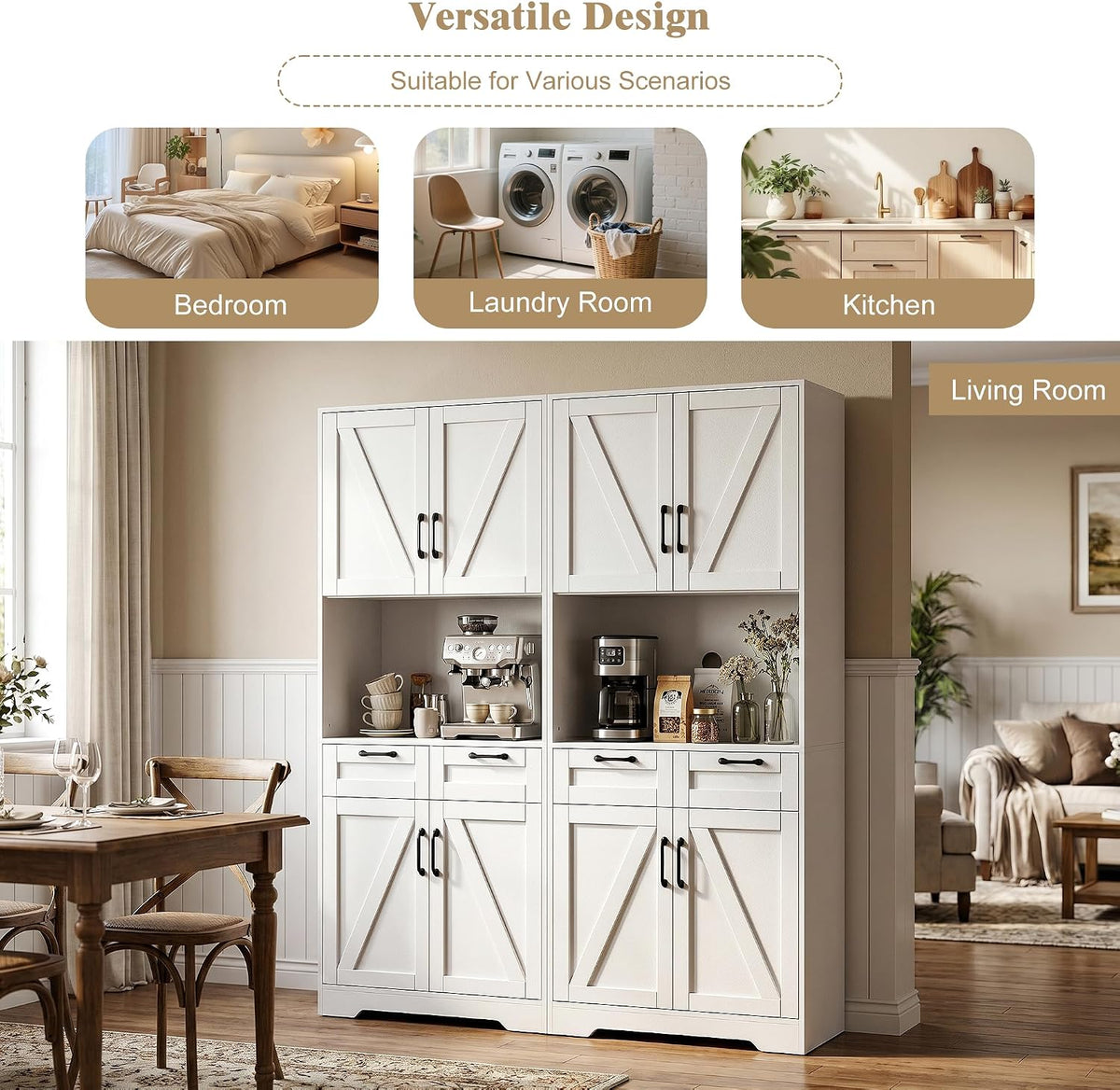Tall Kitchen Pantry Cabinet with 2 Drawers, White Hutch Cabinet with Storage, Kitchen Pantry Storage Cabinet with Countertop and Adjustable Shelf, Tall Pantry for Kitchen