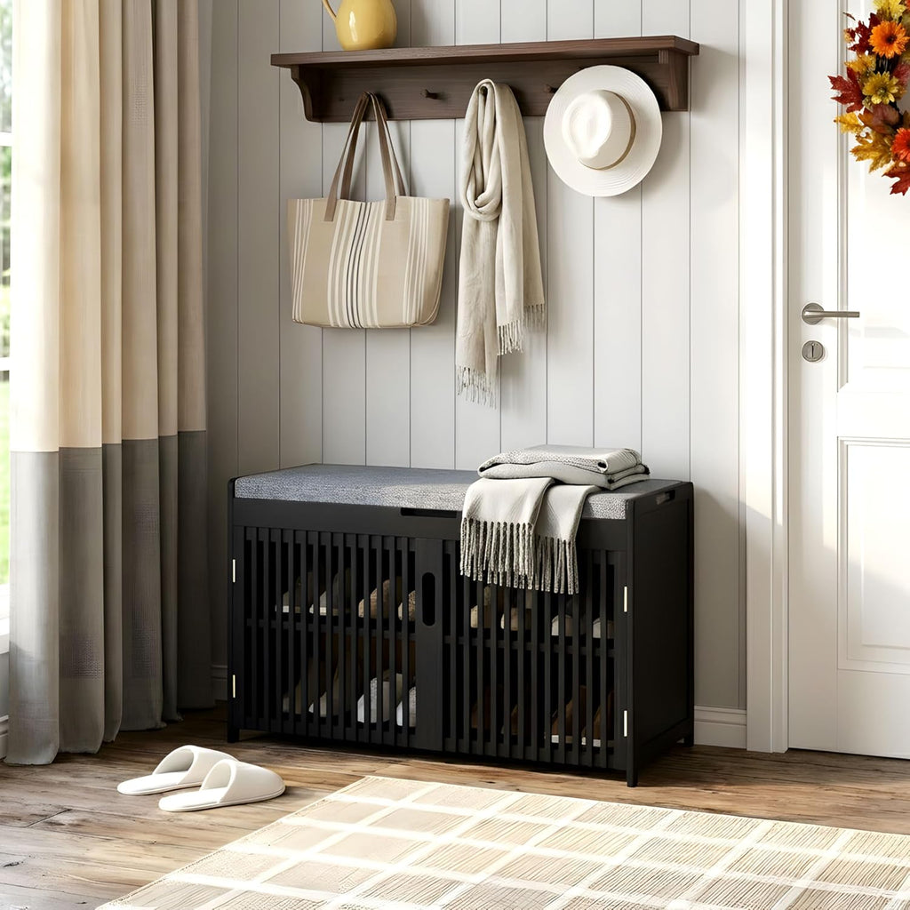 APRTAT Bamboo Shoe Storage Bench with Padded Cushion, 3-Tier Shoe Rack Organizer with 2 Ventilated Grille Doors for Entryway, Bedroom, Bathroom (Black, Large)