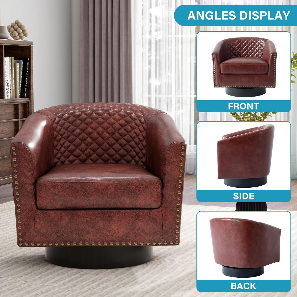 Swivel Barrel Accent Chairs Set of 2, Faux Leather Upholstered Armchair for Living Room, Comfy Bedroom Side Reading Seat, Red Brown