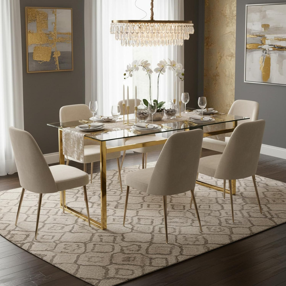 51''Glass Dining Table, Modern Rectangle Kitchen Table with Tempered Glass Tabletop and Metal Leg for 4, Writing Table Desk, for Kitchen Dining Living Room (Golden)