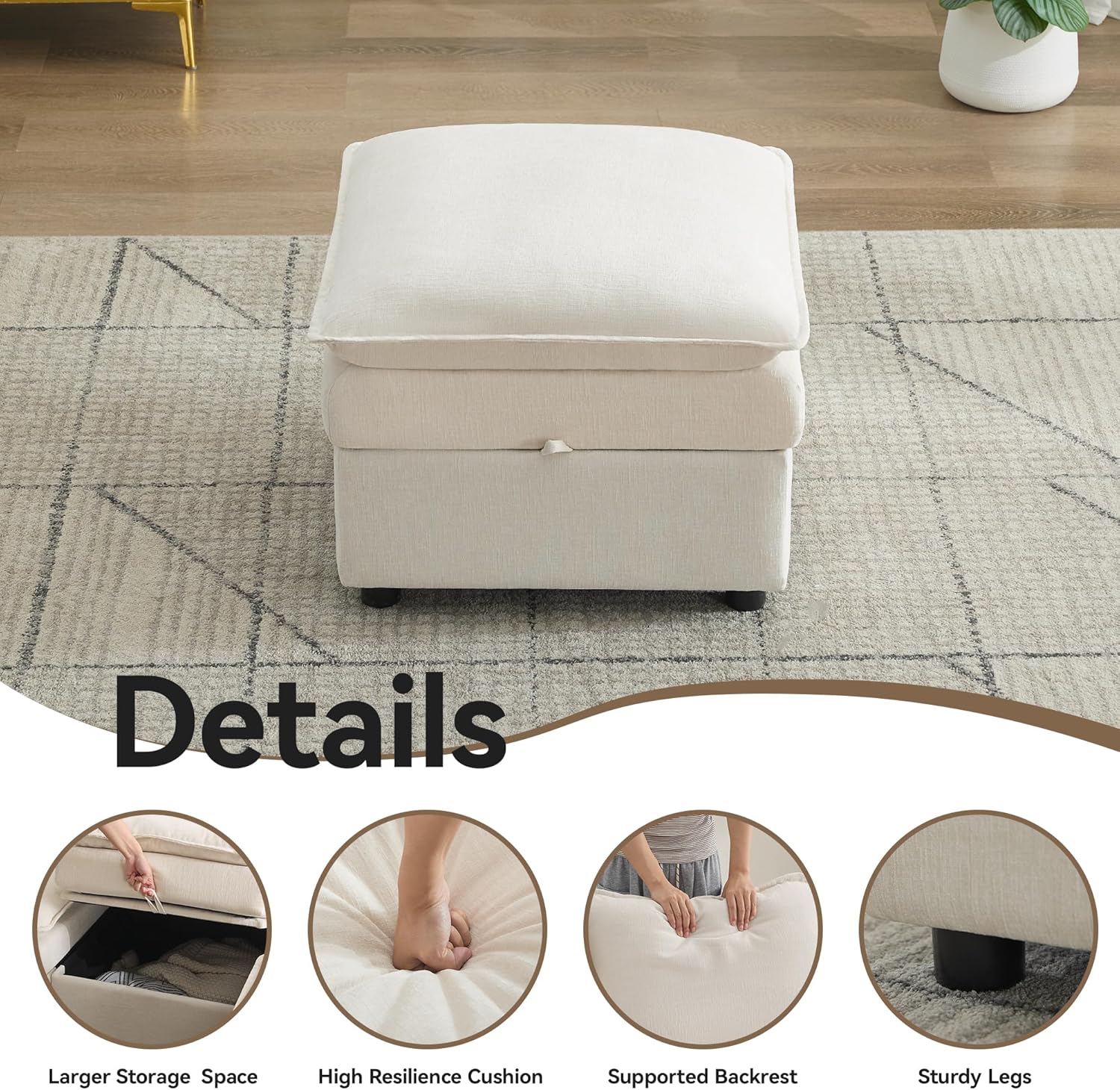 27" Large Square Ottoman with Storage, Modern Upholstered Footrest with Anti-Slip Legs for Couch Coffee Table Living Room, Bedroom, Entryway, Chenille Beige
