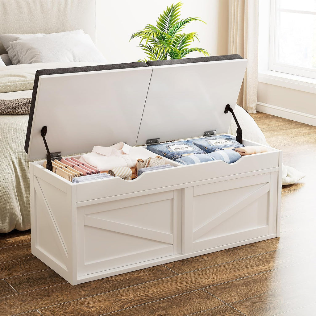 iPormis Shoe Storage Bench,40" Wide 2-Tier Shoe Bench with Padded Seat Cushion and Lift Top Storage,Entryway Bench with Adjustable Shelf,Wooden End of Bed Bench,White