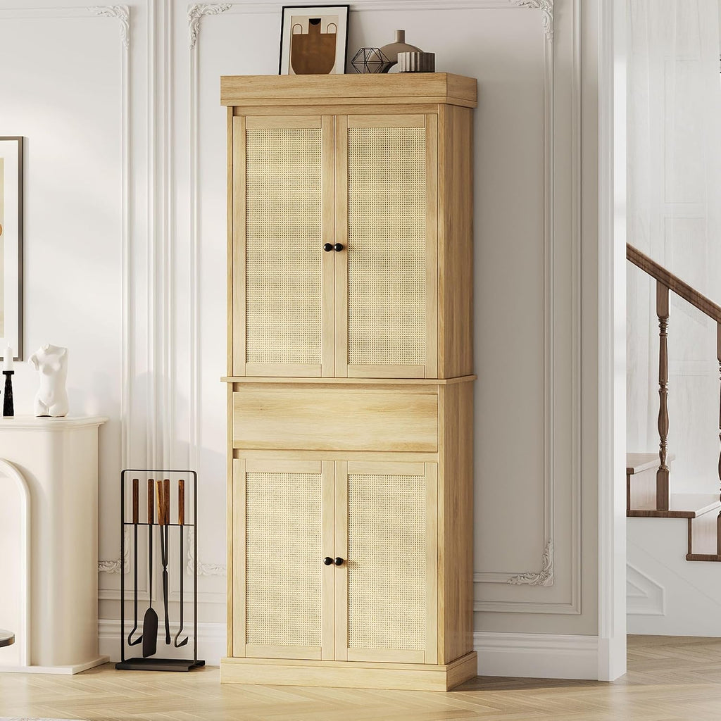 GarveeHome Kitchen Pantry Cabinet, Tall Storage Cabinet with Rattan Doors and Adjustable Shelves, Freestanding Cupboard with Drawer for Bathroom, Dining Room, Living Room, Natural Oak