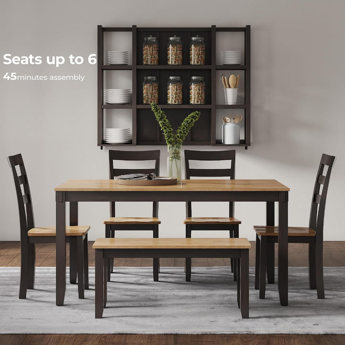 Signature Design by Ashley Gesthaven 6-Piece Dining Table Set with Bench | Two-tone casual style, Durable mango veneer top, Includes 4 ladderback chairs & 1 space-saving under-table bench
