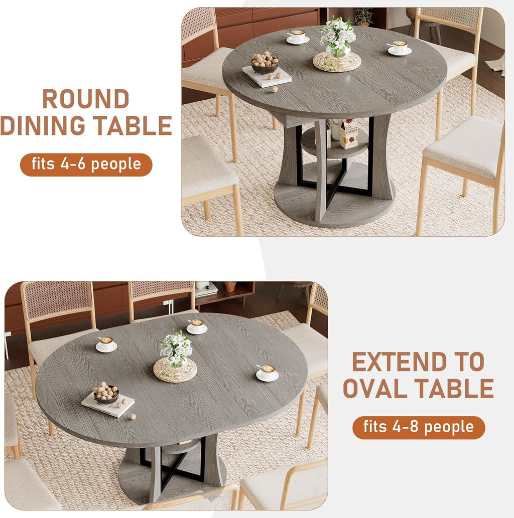 Extendable Round Dining Table for 4-6-8, 43.3-59in Expandable Kitchen Table with Storage Shelf, Space Saving Circle Oval Dining Table with Leaf for Kitchen, Dining Room, Gray
