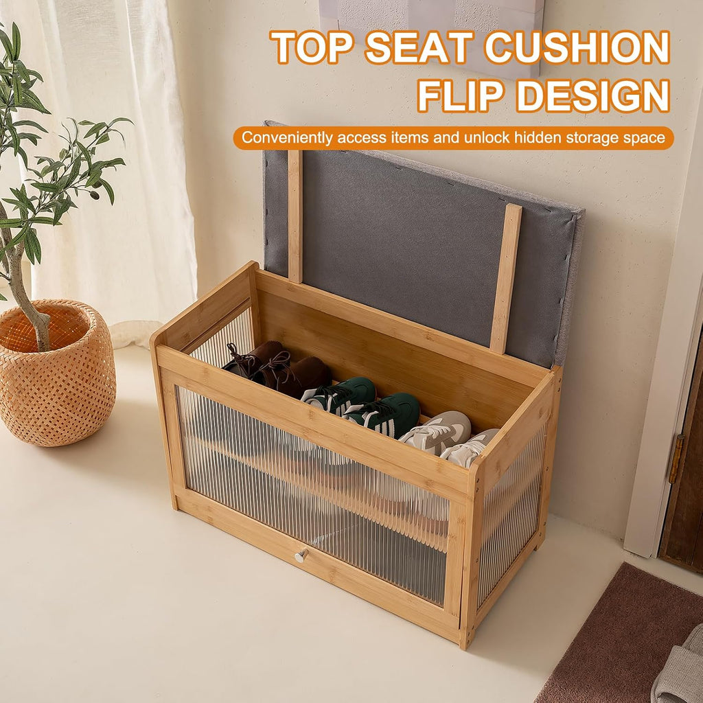 Bamboo Shoe Storage Bench with Seat Cushion for Entryway, 27" Farmhouse Small Shoe Rack with Hidden Flip-Top Storage & Dustproof Acrylic Door, 2-Tier Narrow Shoe Cabinet Organizer, Natural