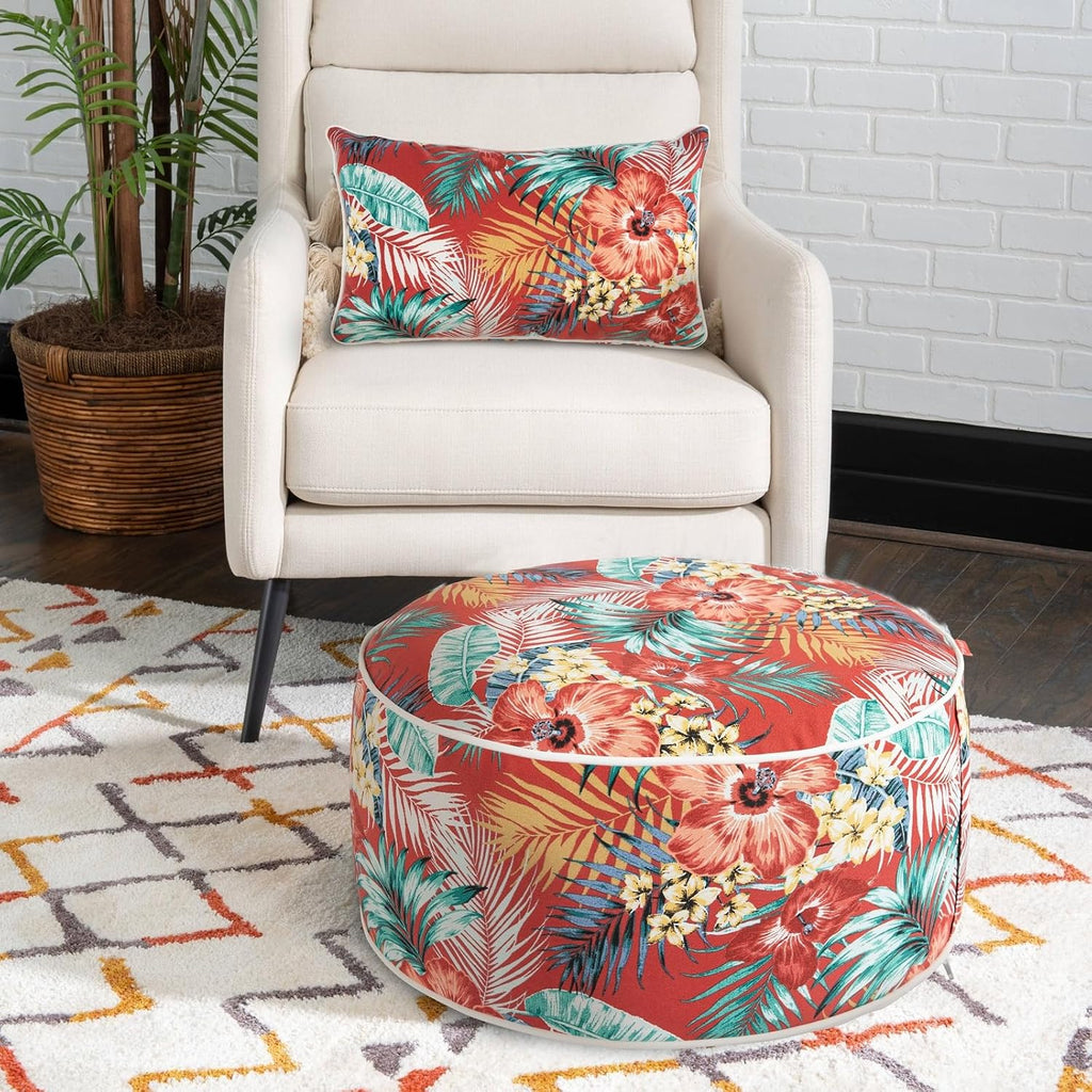 Outdoor/Indoor Inflatable Ottoman Pouf D20 xH9, All Weather Round Footstool with Handle, Water Repellent Portable Footrest for Patio Garden Camping Travel-Chili Red Floral