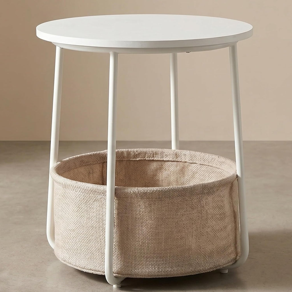 Nordic Minimalist Round Side Table with Reinforced U-Shaped Steel Frame, High-Strength Particleboard Top and Wrinkle-Resistant Double-Layer Polyester Fabric Storage Basket