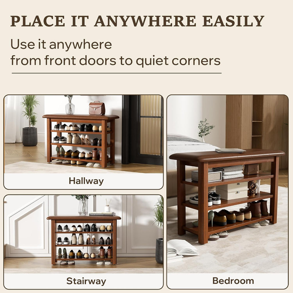 Shoe Rack Bench with Leather Cushion 3-Tier Shoe Rack Organizer for Entryway Hallway or Living Room Farmhouse Rustic Wooden Seat Bench Walnut 11.8" Dx31.5 Wx20.4 H