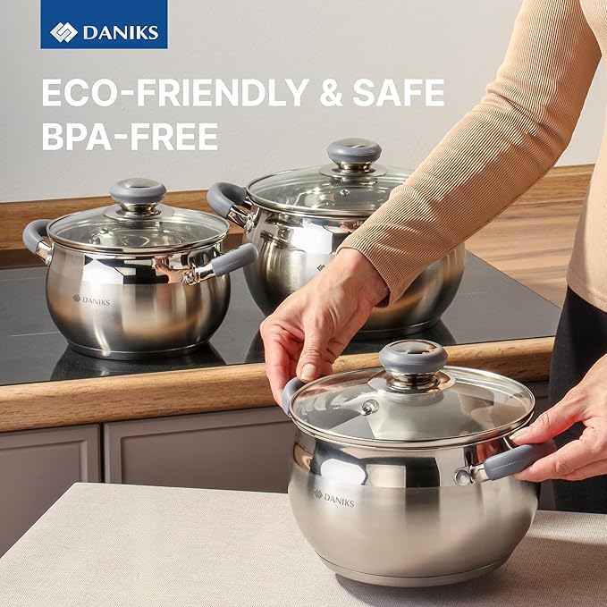 Daniks Modern Stainless Steel Stock Pot with Glass Lid - Induction 2 Quart, Dishwasher Safe, Heatproof Handles, For Soup, Pasta, Stew, Silver
