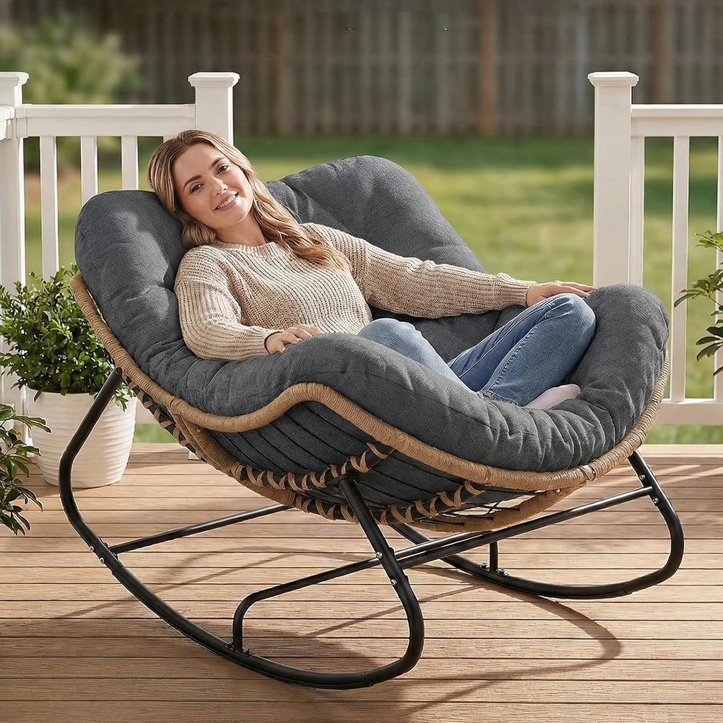 SWITTE Outdoor Rocking Papasan Chair with Thick Cushion, Dark Gray | Oversized Modern Wicker Lounge Rocker with Comfy Cushion, Cozy Egg Chair Steel Frame for Patio, Porch,or Indoor Reading Nook
