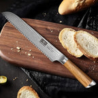 Bread Knife 8 Inch, Damascus Steel Bread Kitchen Knife with Ergonomic Olive Wood Handle, Professional Ultra-Sharp Serrated Knife for Homemade Bread, Sourdough Bread Cutting