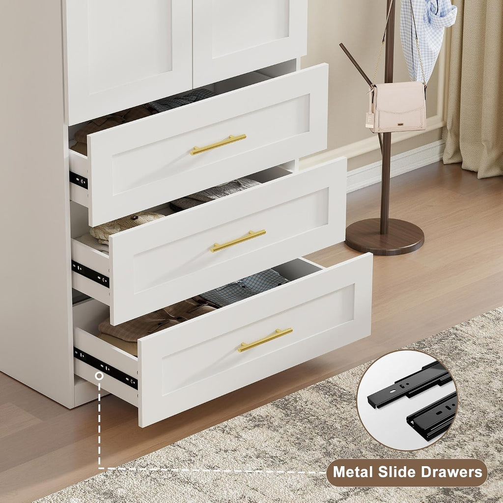 White Armoire Wardrobe Closet: 75" Large Wardrobe Closet with 6 Drawers, Bedroom Armoires with 4 Doors, Wooden Tall Closets Cabinet for Hanging Clothes (63")