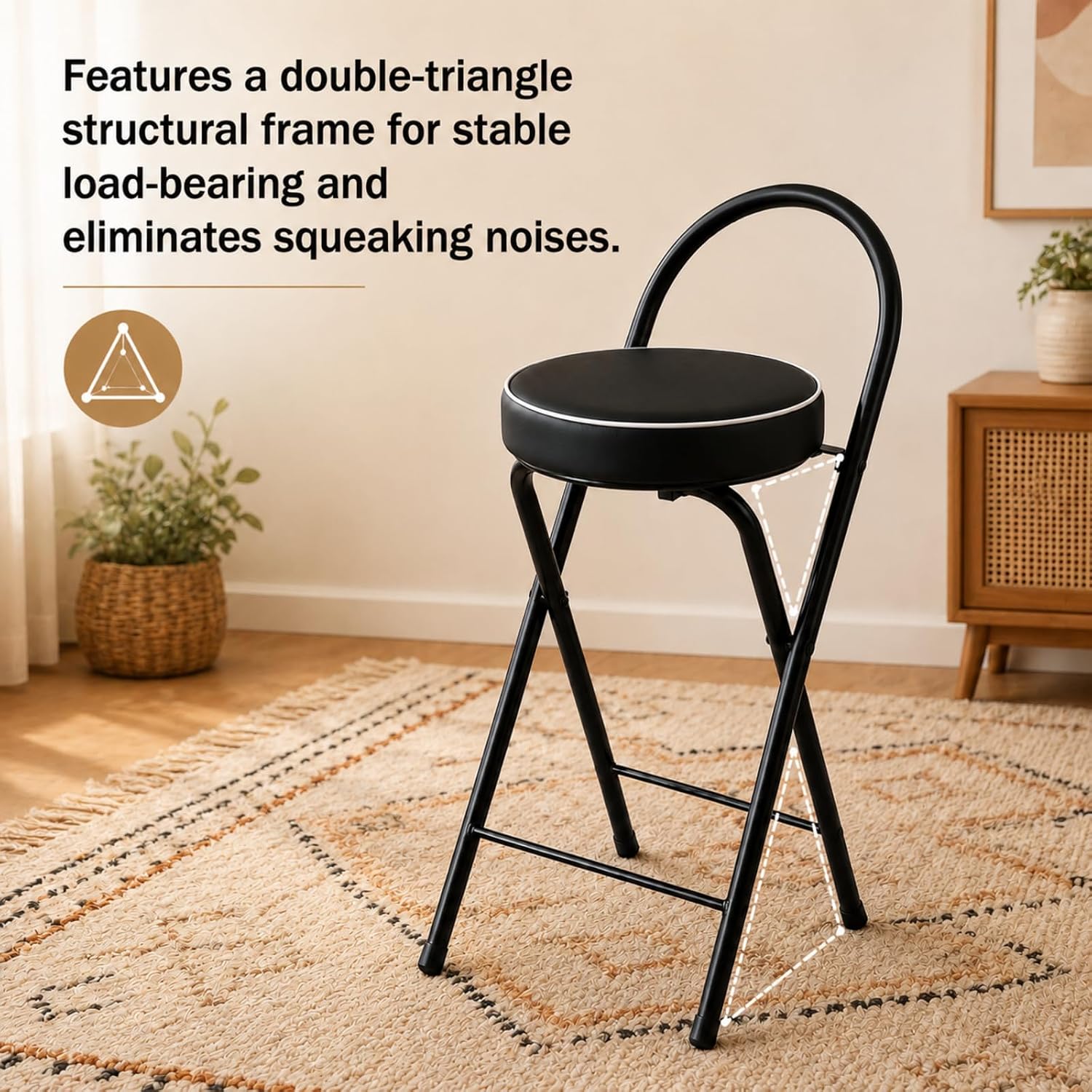 Folding Bar Stool with Backrest Counter Height Chair Padded Seat Cushion Space Saving Foldable Stool for Kitchen Island Extra Portable Indoor Seating(Black,25.6" Seat Height (65cm))