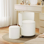 Round Vanity Chair with Storage, Rolling PU Leather Swivel Work Makeup Stool Chair with Folding Back, Upholstered Ottomans for Bedroom Living Room