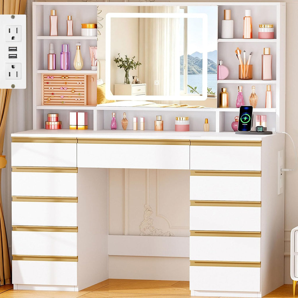 ANWBROAD Large Vanity Desk with Sliding Mirror and Lights& Jewelry Storage | White Makeup Vanity Desk with 11 Drawers,6 Shelves, 3 Color Lights,Dressing Table with Vanity stool, Power Outlet for Women