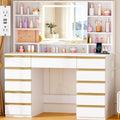 ANWBROAD Large Vanity Desk with Sliding Mirror and Lights& Jewelry Storage | White Makeup Vanity Desk with 11 Drawers,6 Shelves, 3 Color Lights,Dressing Table with Vanity stool, Power Outlet for Women