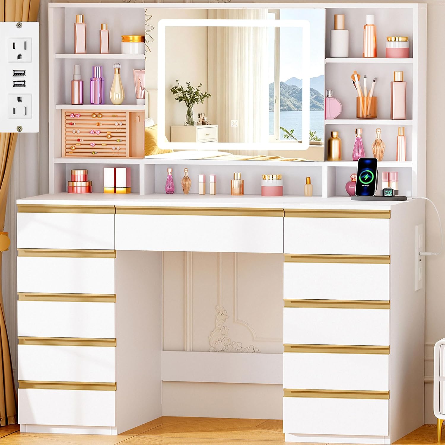 ANWBROAD Large Vanity Desk with Sliding Mirror and Lights& Jewelry Storage | White Makeup Vanity Desk with 11 Drawers,6 Shelves, 3 Color Lights,Dressing Table with Vanity stool, Power Outlet for Women