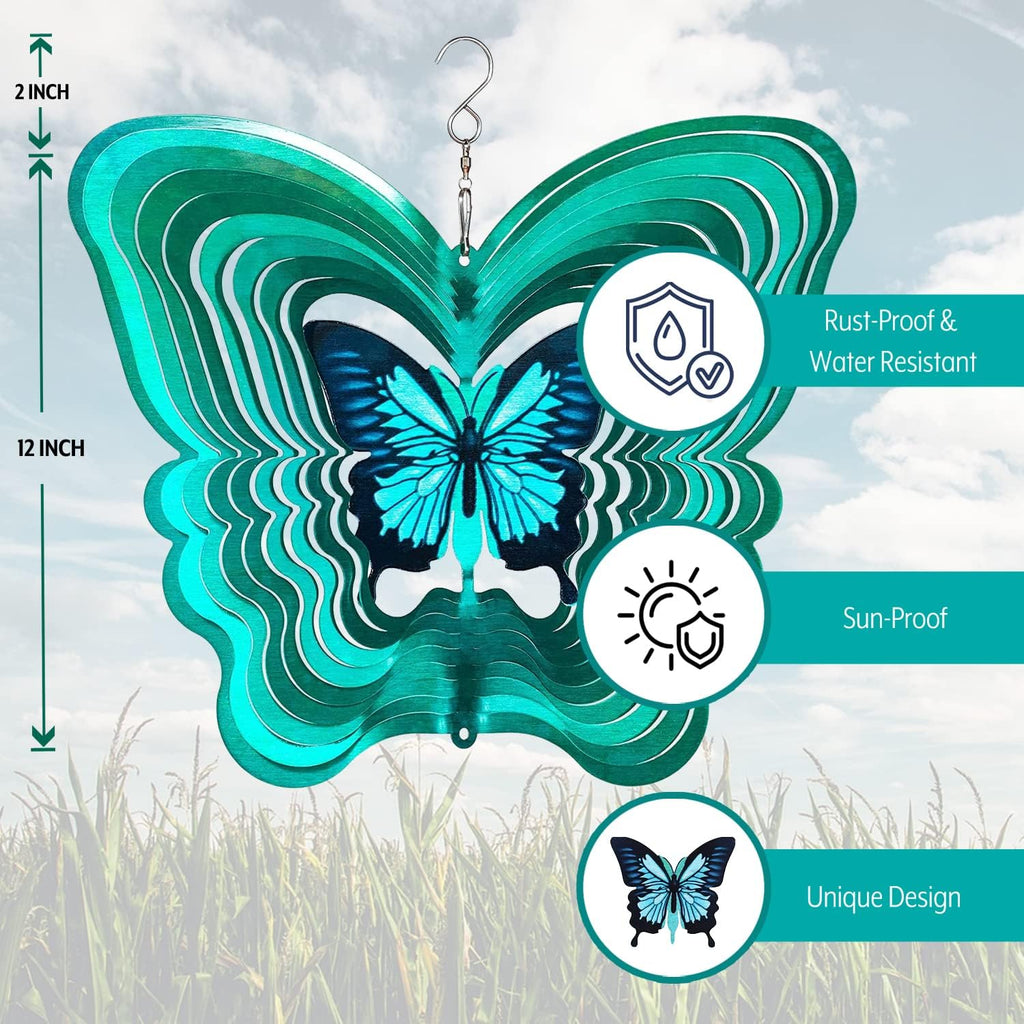 ISEO Butterfly Wind Spinner for Yard and Garden, Hanging Outdoor Decor, Yard Art, Porch and Patio Decorations, Metal Wind Spinners Outdoor, Weather Resistant, 12”