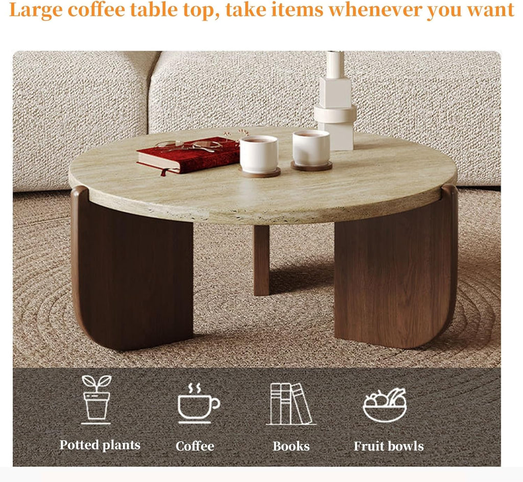FORRTY Coffee Table,Sofa Table,End Tables, Slate Stone+Solid Wood, Sturdy And Durable,Waterproof And Scratch-resistant,Easy To Install,Suitable For Living Room,Bedroom, Study，balcony Other Spaces(Roun