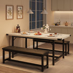 Garvee 63 in Extendable Dining Table Set for 4-6 People, 3-Piece Kitchen Table Set with 2 Upholstered Benches, Farmhouse Dining Room Table Set for Kitchen, Living Room, Apartment, Marble White