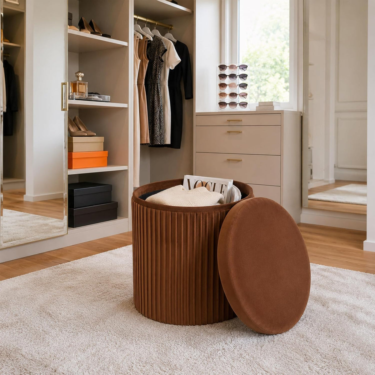 Relaxdays Velvet Stool with Storage Space, Padded, Foldable, H x D: 38 x 38 cm, Round Side Stool, Mocha Mousse