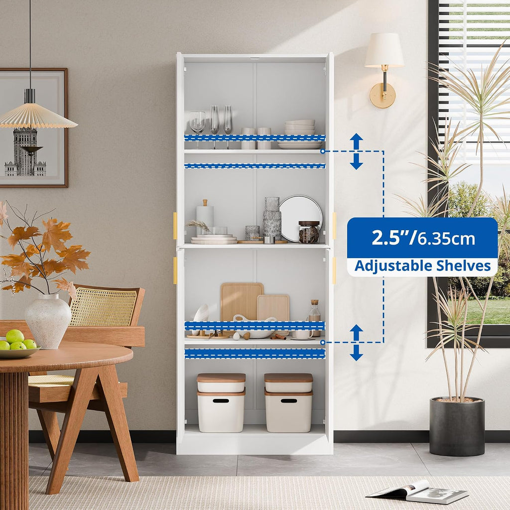 Cozy Castle Kitchen Pantry Cabinet, 71" Tall Wood Storage Cabinet with Doors and Shelves 4 Doors Freestanding Cupboard for Dining Room Living Room Furniture, White