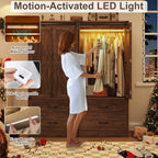 Farmhouse 2 Doors Armoire Wardrobe Closet w/ Folding Sliding Barn Door and Lights, LED Armoire Closet w/Drawers for Bedroom, Freestanding Wooden Wardrobe Storage Closet w/Hanging Rod,Rustic Brown
