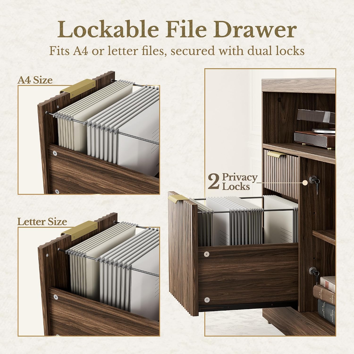4 Drawer Fluted File Cabinet with Lock for Home Office | Wood Lateral Filing Cabinet for Letter/A4 Files, Charging Station, Open Shelves, Office Storage Cabinet, Black Walnut