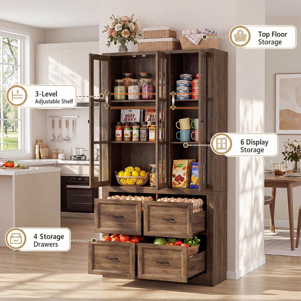 80" Modular Kitchen Pantry Cabinet, 2-in-1 Freestanding Tall Pantry Cabinet with Glass Doors & Adjustable Shelves, Large Hutch Storage Cabinet for Kitchen & Living Room (2, Cracked Oak, AB)