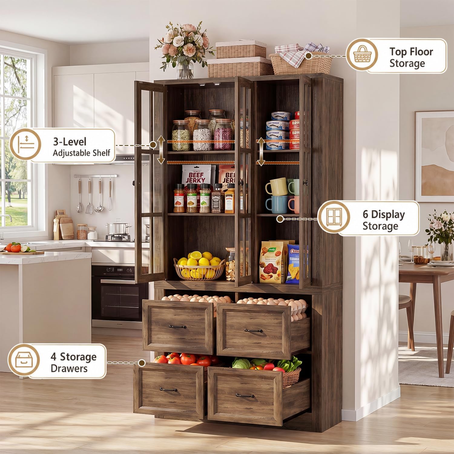 80" Modular Kitchen Pantry Cabinet, 2-in-1 Freestanding Tall Pantry Cabinet with Glass Doors & Adjustable Shelves, Large Hutch Storage Cabinet for Kitchen & Living Room (2, Cracked Oak, AB)