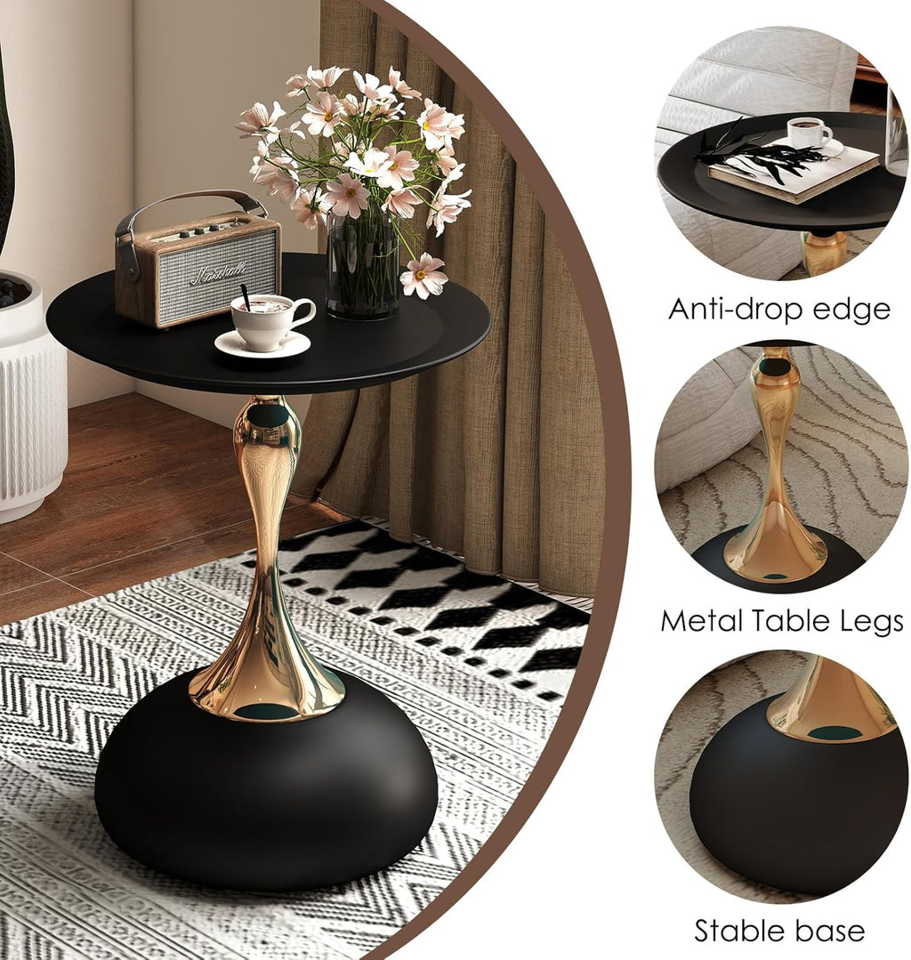 Metal Round End Table,Modern Pedestal Table,Corner Drink Tables,Accent Side Table Nightstand for Living Room,Patio and bar (Black-Gold)