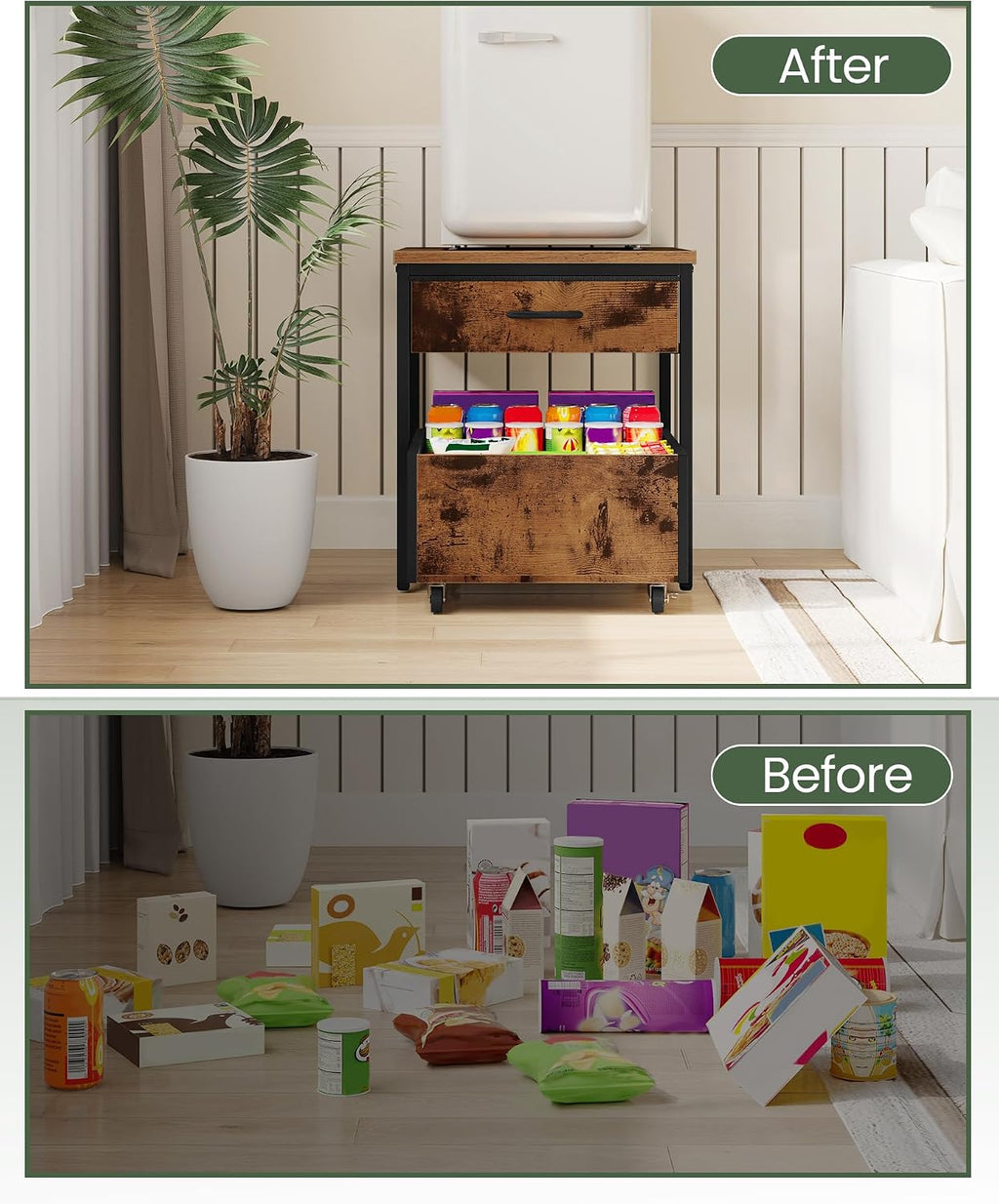 CHOEZON Narrow Side Table and Mini Fridge Stand with Storage, Skinny End Table with Fabric Basket, Mini Fridge Cabinet with Mobile Basket Cart, for Living Room, Bedroom, Rustic Brown TBZ07UBF-TBZ55BF