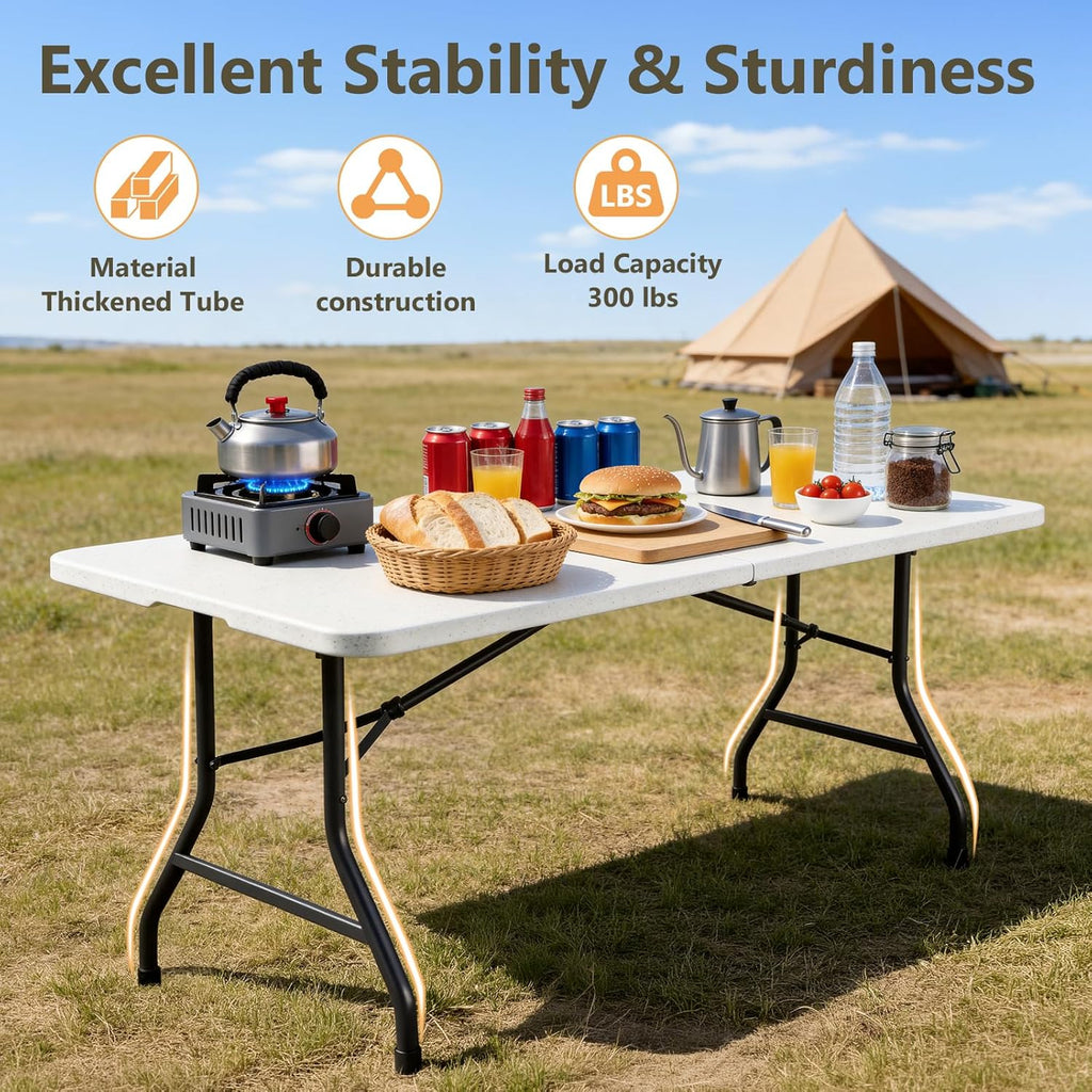 6FT Folding Table 6 Pack, Heavy Duty Fold in Half Plastic Tables with Carry Handle, Portable Indoor Outdoor Utility Table for Party, Picnic, Camping, Banquet, Wedding, RV Travel