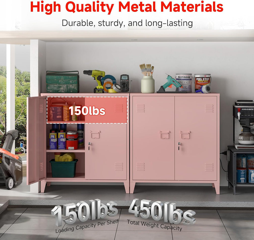 Locking Storage Cabinet Garage Metal Storage Cabinet with 2 Adjustable Shelves and Doors, Storage Cabinet with Lock & Keys for Home School Office (Pink)