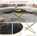 HLR Modern Round Coffee Table and Side Table Set of 3,End Table with Faux Marble Top and Gold Metal Frame, Side Table for Living Room, Bedroom, Sofa and Couch, Gold Legs, Black Marble Top