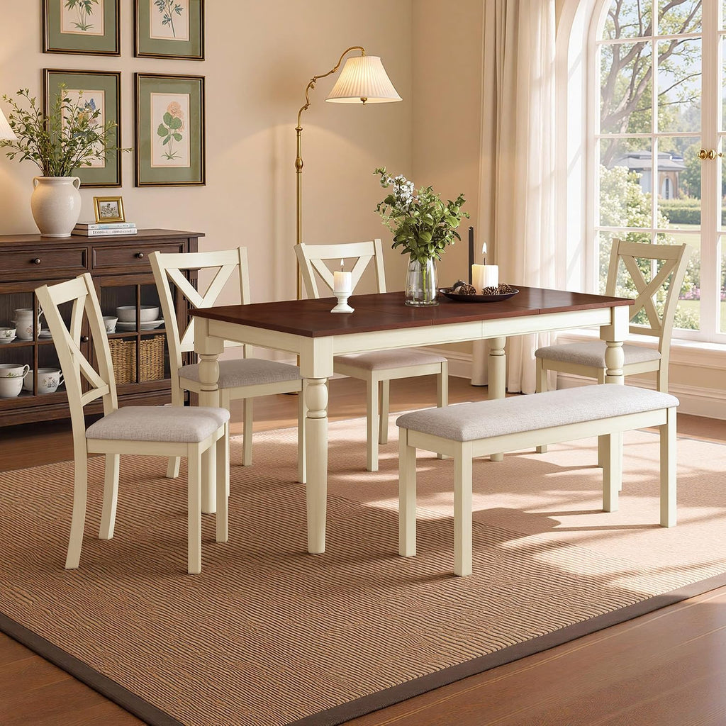 LUXOAK 6 Piece Solid Wood Dining Table Set with 60" Farmhouse Table | Solid Wood Table, 4 Upholstered Chairs, Bench Included, Seating for 6, Cream White Finish