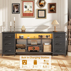 Furologee LED TV Stand for 65, 70 Inch TV, 63 Inch Entertainment Center with Power Outlets, 6 Fabric Drawers Dresser for Bedroom, Media Console with Open Shelves, PU Leather Surface, Black | TV Stand for 65, 70 Inch TV, TV Console with Power Outlets & 6