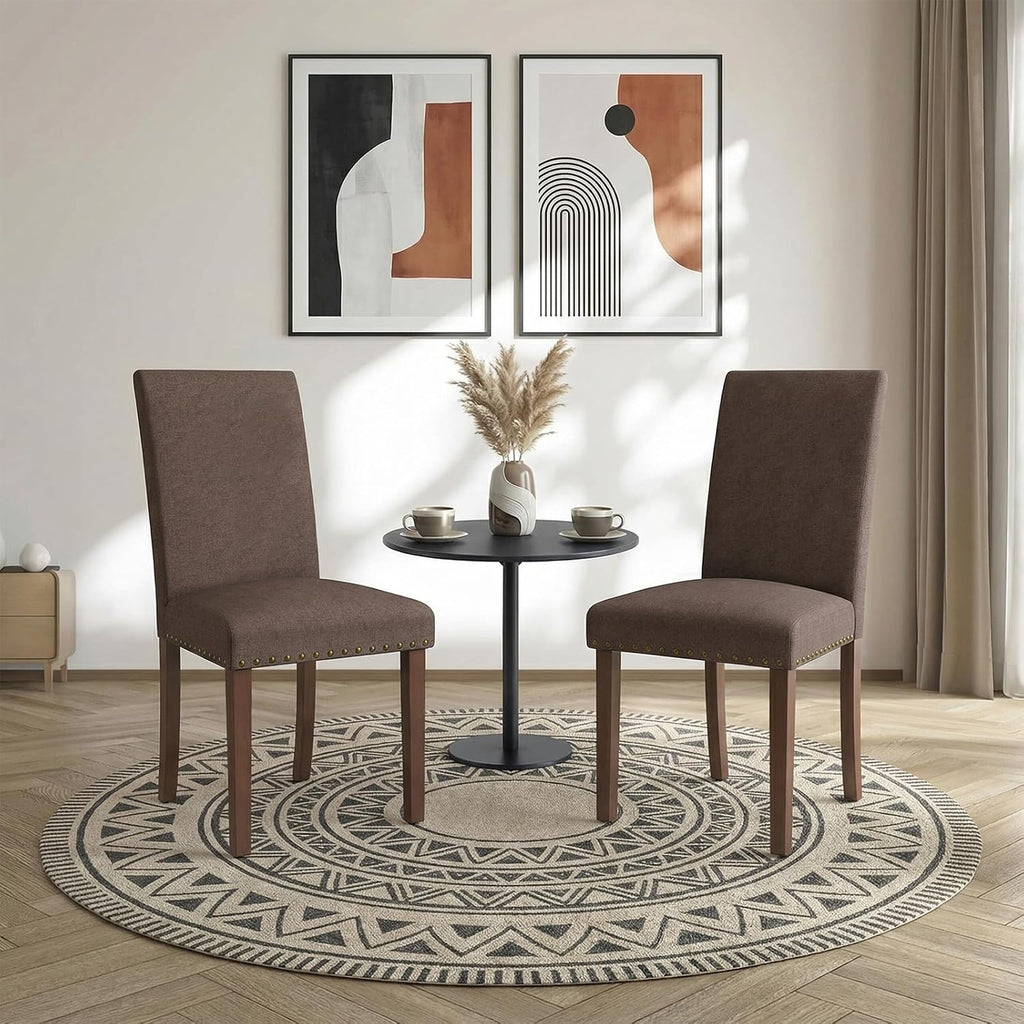 TLSUNNY Upholstered Dining Chairs Set of 2/4, Tufted Parsons Design with Nail Head Trim, Solid Wood Legs and Padded Seat, Comfortable Fabric for Dining Room, Kitchen (Brown, Set of 4)