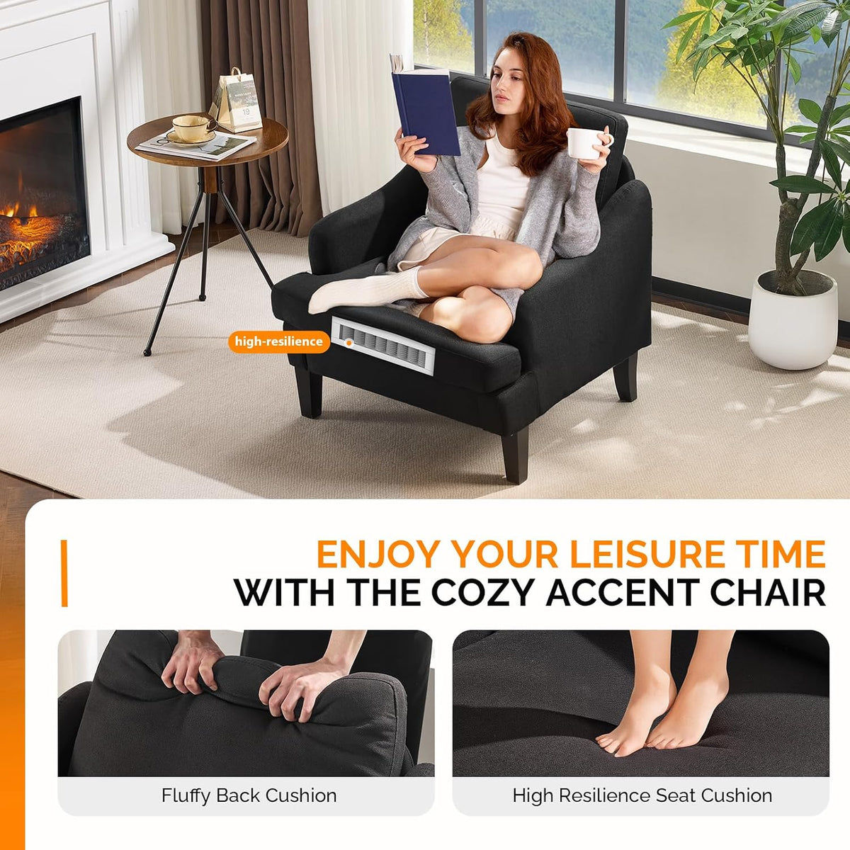 VINGLI Linen Fabric Accent Chairs Set of 2, Grey Modern Upholstered Armchair, Comfy Sofa Chair Living Room Bedroom Furniture for Apartment