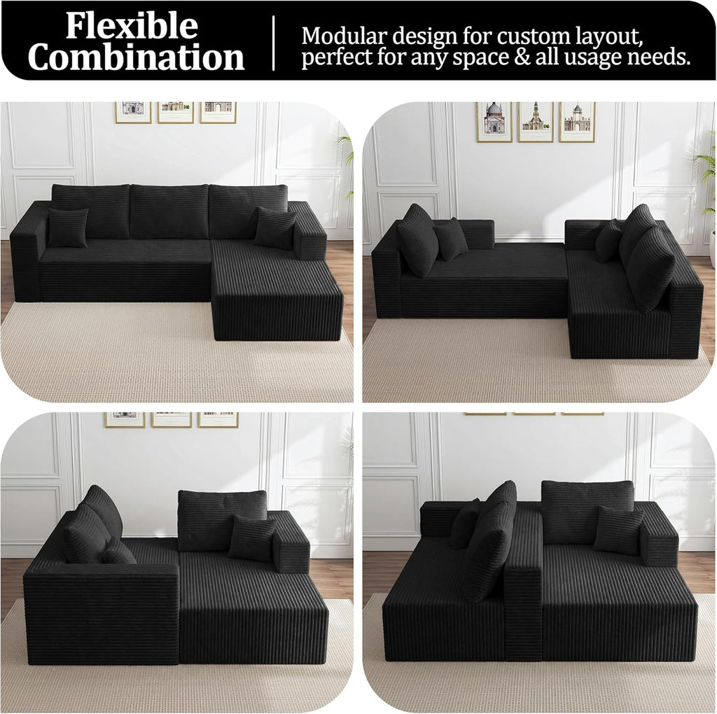 92.5" Modular Sectional Sofa, L-Shaped Cloud Couch with Deep Seats & Chaise, Convertible 4-in-1 Corduroy Couches for Living Room, Bedroom, No Need Assembly - Black(Right Facing Chaise)