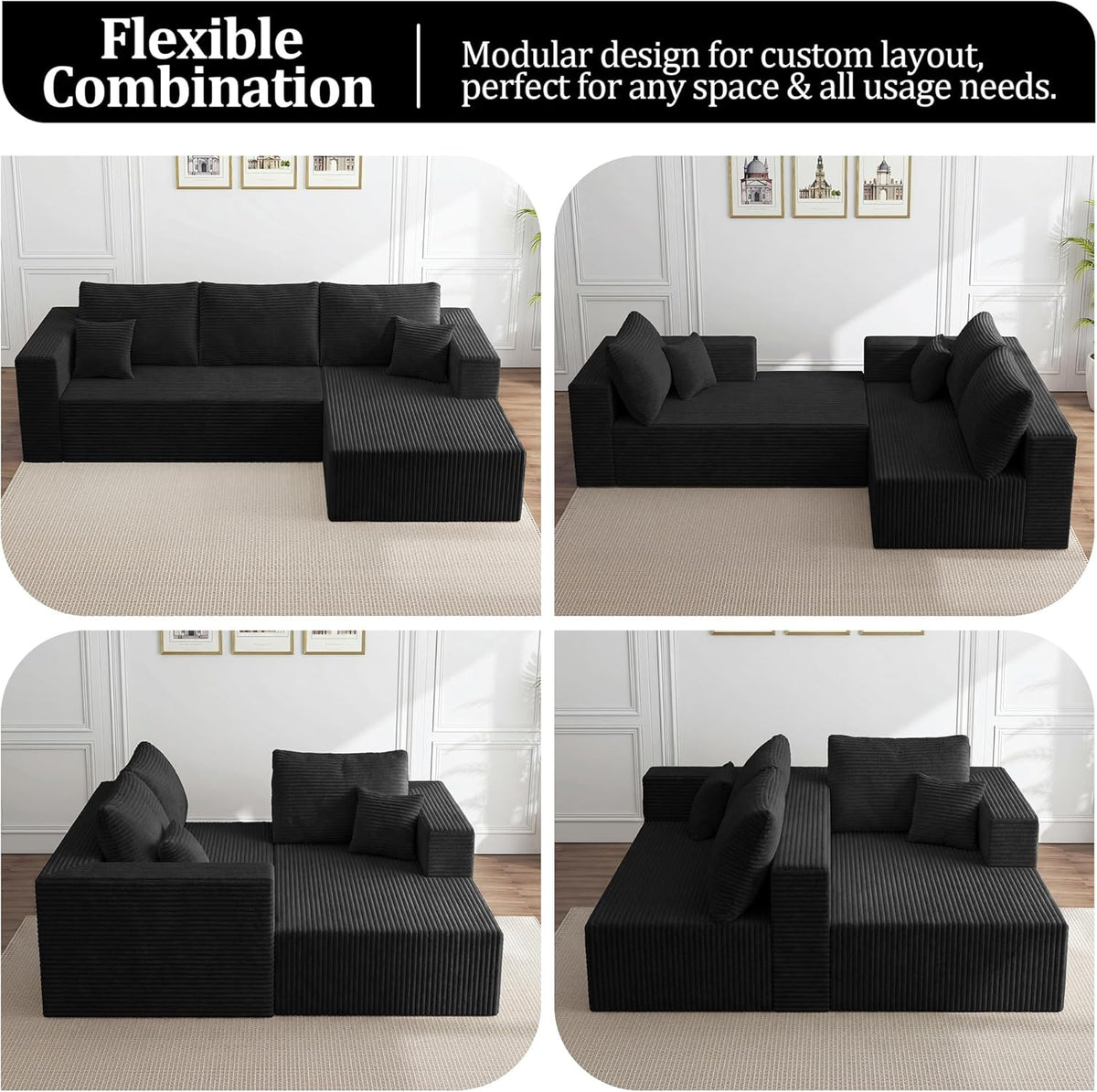 92.5" Modular Sectional Sofa, L-Shaped Cloud Couch with Deep Seats & Chaise, Convertible 4-in-1 Corduroy Couches for Living Room, Bedroom, No Need Assembly - Black(Right Facing Chaise)