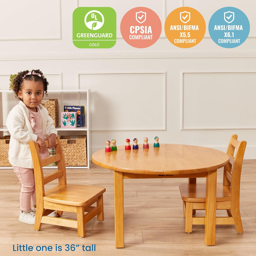 ECR4Kids 30in D Round Hardwood Table with 16in Legs and Two 8in Chairs, Kids Furniture, Honey | Durable rubberwood, GREENGUARD Gold Certified, ANSI/BIFMA Compliant, 2-3 years, 74 lb seat capacity, classroom & home use