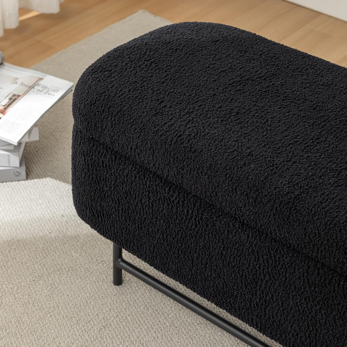 56" Boucle Storage Bench for Bedroom, Upholstered Teddy Ottoman Bench, Modern Extra Long Storage Bench for End of Bed/Entryway/Livingroom/Window (Black)