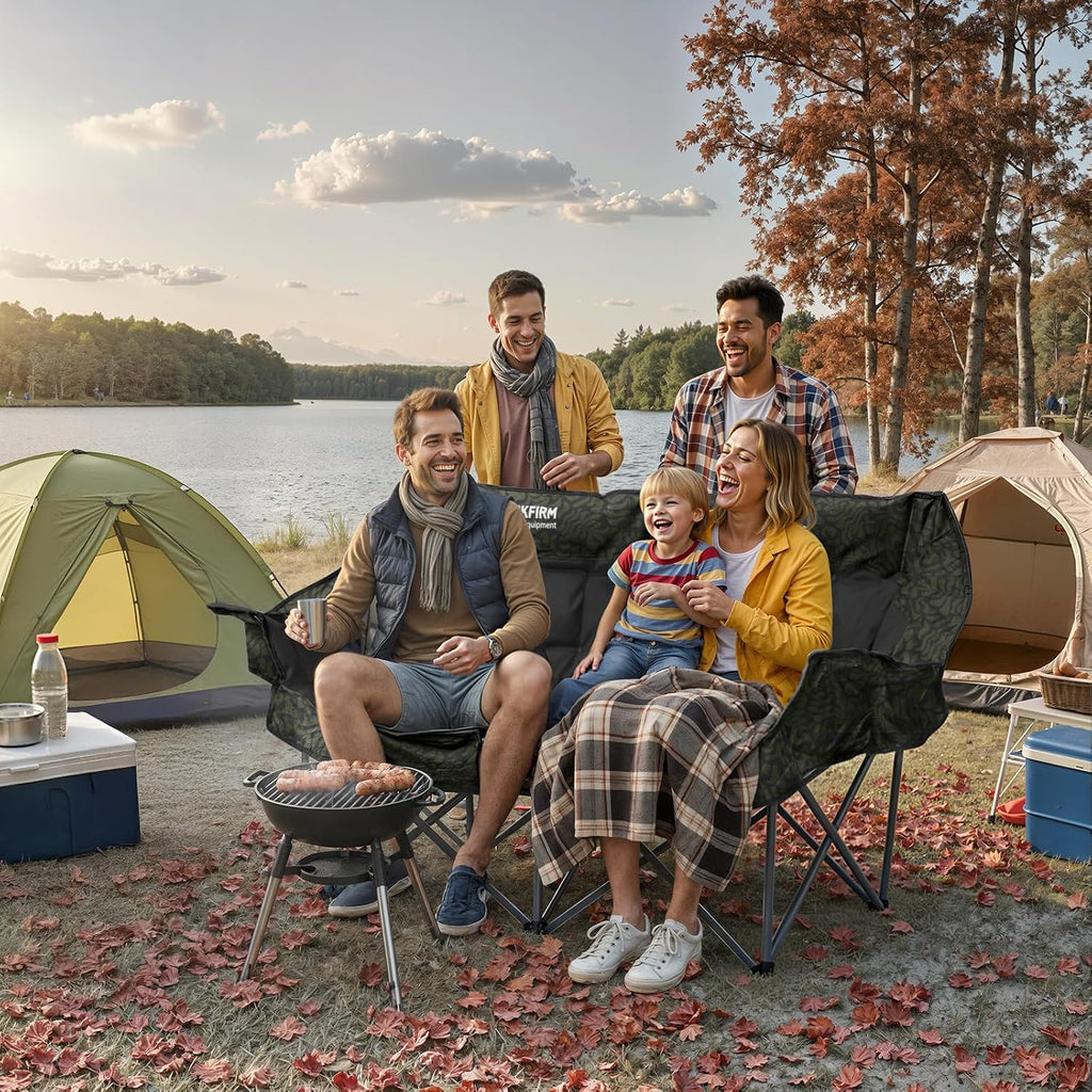 Double Camping Chair Oversized Padded Camping Chairs for Adults Folding Loveseat with Cup Holders and Side Pockets Heavy Duty Outdoor Lawn Chairs for Camping,Sports, Fishing,Beach, Gray Leaves
