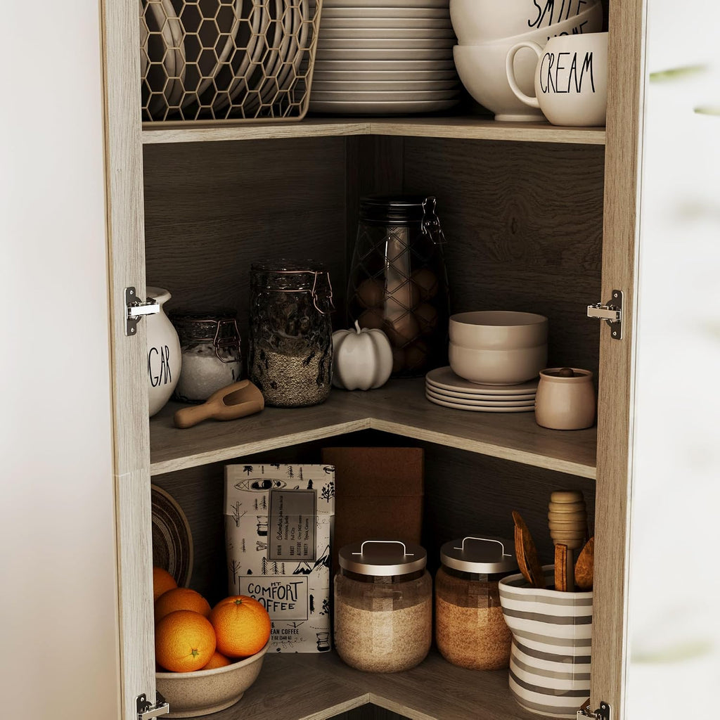 70.9" H L-Shaped Kitchen Pantry with Glass Doors, Modern Corner 4-Tiered Cupboard with Gold Handles & Wood Grain, Tall Display Storage Cabinet with Shelves for Living Dining Room, Natural