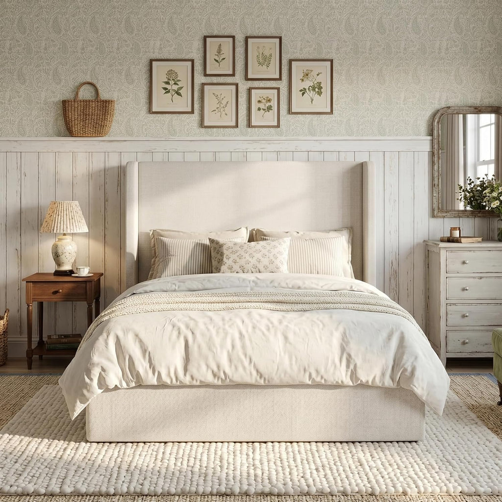 52" Extra-Tall Wingback Bed Frame California King - Luxury Textured Ivory Canvas Chenille Upholstered Platform Bed, 1000lbs Heavy Duty, Box Spring Not Required (California King)